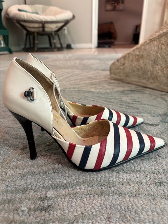 N.Y.L.A. Shoes - N.Y.L.A. Striped Pointed-Toe Ankle-Strap Pumps - White/Red/Navy